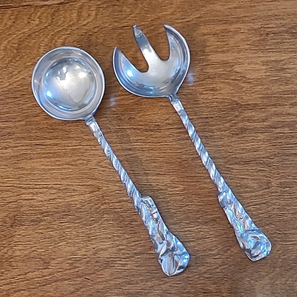 VINTAGE Cast Aluminum Salad Server Fork and Spoon Set, Twist Rope Handle Detail